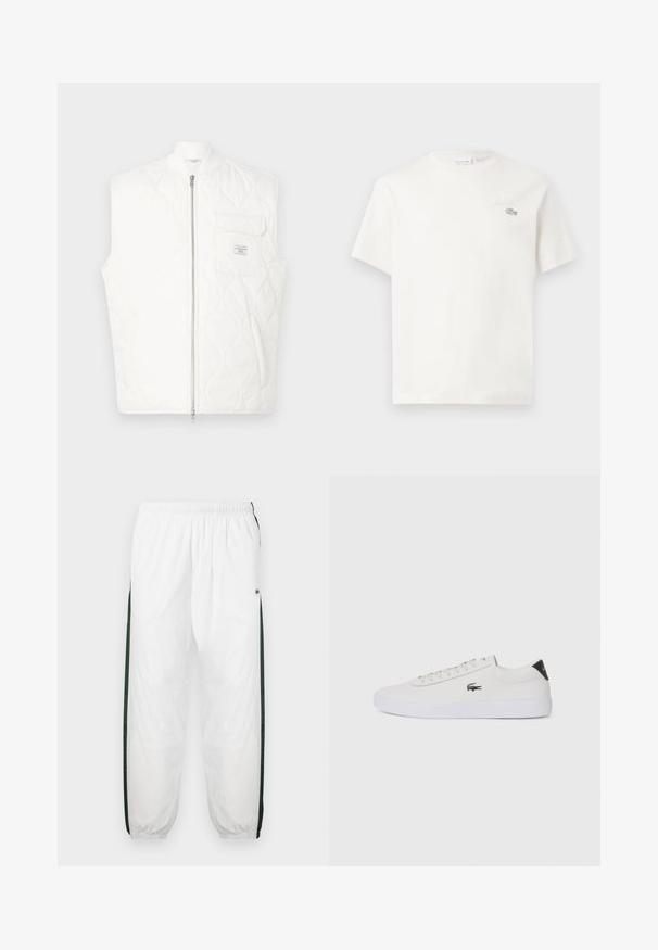Balta kapucēta vestes bez piedurknēm ar rāvējslēdzēju priekšpusē un krūšu kabatu ar mazu zīmola uzlīmi.; Balts kokvilnas T-krekls ar īsām piedurknēm, kuram ir smalka izšūta logo un minimālisma dizains. Mīksta tekstūra, apaļa kakla izgriezums.; Baltas sporta bikses ar tumši zaļām sānu joslām. Viegls materiāls, elastīga josta un aproces apakšā. Satur acu auduma tekstūru sānu joslās.; Baltas ādas sporta apavu modelis ar noapaļotu purngalu, sasienamu priekšpusi un melnu papēža akcentu. Satur nelielu izšūtu krokodila logo sānos.