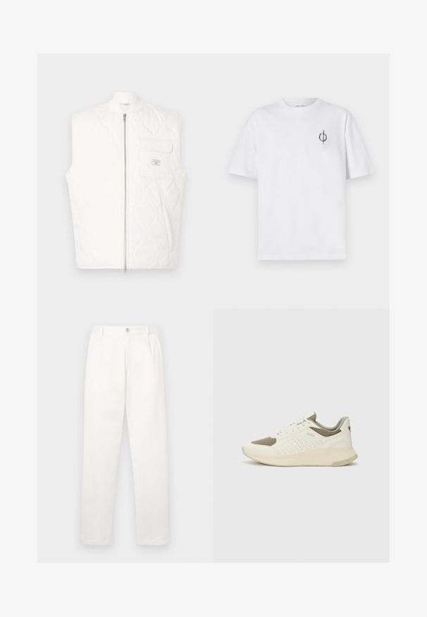 Colete branco acolchoado sem mangas com fecho de correr frontal e bolso no peito com um pequeno emblema da marca.; Camisa de algodão branca com um corte relaxado, apresentando um pequeno logótipo gráfico preto na área do peito esquerdo. Mangas curtas, estilo de gola redonda.; Calças brancas feitas de um tecido suave, com um design de perna reta, pregas frontais e um fecho de botão único na cintura.; Sapatilha atlética branca e bege claro, com parte superior em malha, detalhes perfurados e uma entressola texturizada com marcação no calcanhar.