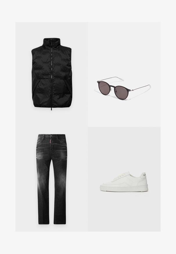 Černá péřová vesta s vysokým límcem, zapínáním na zip a bočními kapsami. Dává vyniknout prošívanému vzoru a hladkému, lehkému materiálu.; Černé bavlněné tričko s kulatým výstřihem, krátkými rukávy a logem "EMPORIO ARMANI" v bílém nad nápisem "Milano" v zakřiveném provedení.; Černé džíny z denimu se rovnými nohavicemi. Obsahují vybledlé oblasti, drobné poškození, klasický pětikapsový design a zapínání na knoflík.; Bílé kožené tenisky s hladkým povrchem, kulatou špičkou, plochými tkaničkami a texturovanou podrážkou. Na patě se nachází nenápadné logo.; Černé kulaté sluneční brýle s tmavými skly a tenkými kovovými nohami. Obsahují průhledné koncovky nožiček a stříbrné akcenty na pantu. Minimalistický design.