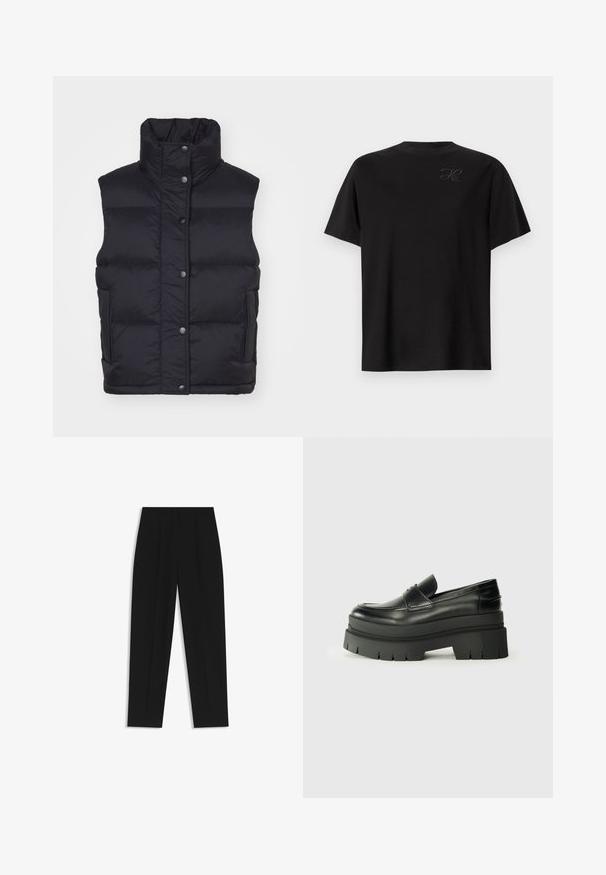 Gilet imbottito nero con alto colletto, bottoni a pressione sulla parte anteriore, sezioni imbottite e tasche laterali. Texture liscia; senza motivi visibili.; T-shirt di cotone nero, design a girocollo, maniche corte, con un piccolo logo tonale sulla parte superiore sinistra. Texture liscia.; Pantaloni neri a taglio dritto, con doppie pieghe, una texture liscia e un design classico in vita. Nessun hardware o dettaglio visibile.; Mocassini neri in pelle con suola piatta spessa. Punta arrotondata, dettaglio della cucitura frontale e accenti di cucitura sottili. Suola piatta e testurizzata.