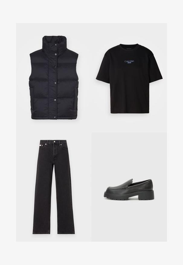 Čierna puffa vesta s vysokým golierom, patentkami na prednej strane, vypchávanými časťami a bočnými vreckami. Hladká textúra; žiadne viditeľné vzory.; Čierne bavlnené tričko s okrúhlym výstrihom, krátkymi rukávmi a modrým vyšívaným logom "Calvin Klein JEANS" na prednej strane.; Čierne široké džínsy vyrobené z denimu, s vysokým pásom, piatimi vreckami a kovovým zapínaním s kontrastným šitím.; Čierne kožené mokasíny s okrúhlou špičkou, hrubou textúrovanou podrážkou a minimom stehovej výzdoby. Štíhly dizajn bez viditeľných šnúr alebo kovania.