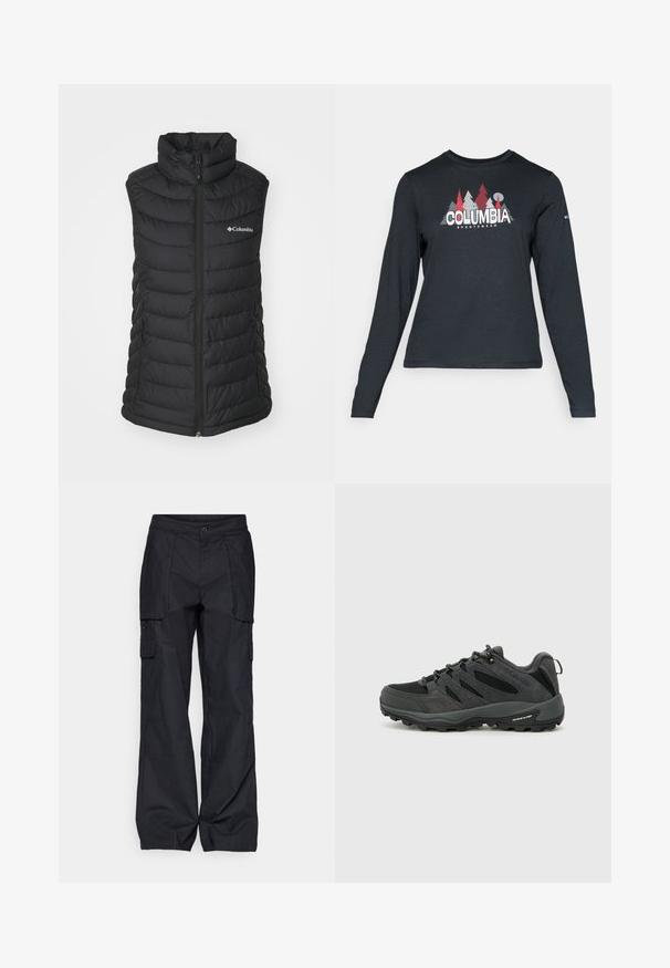 Czarna, ocieplana kamizelka puchowa z wysokim kołnierzem, zamkiem błyskawicznym, kieszeniami po bokach oraz pikowanym wzorem. Zawiera logo Columbia na przodzie.; Długie rękawy, ciemnoszara koszula z grafiką czerwonych drzew i gór; logo "COLUMBIA" w wyraźnym białym tekście. Miękka tkanina, standardowy okrągły dekolt.; Columbia - Długie spodnie trekkingowe; Columbia REDMOND czarny