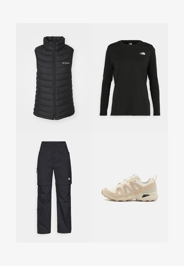 Crni izolirani puffer prsluk s visokim ovratnikom, zatvaranjem na zip, bočnim džepovima i kviltanim dizajnom. Sadrži Columbia logotip na prednjoj strani.; Crni dugih rukava majica od pamuka s okruglim izrezom. Ima mali bijeli logo na lijevoj strani prsnog područja. Jednostavan dizajn i kroj.; Crne najlon hlače s munjevim zatvaranjem, odvojive cargo hlače s podesivim manžetama, brojnim džepovima i logom na desnoj nozi. Glatka, lagana tekstura.; Bež i kremasti sportski tenisice s teksturiranim mrežastim gornjim dijelom, potpornih preklopa i gumeni potplat s uzorcima za prianjanje.