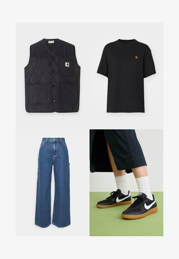 Kviltad svart väst gjord av hållbart tyg, med knäppning, tre fickor och en liten logotyp på vänster sida.; Svart bomullströja med en avslappnad passform. Har rund hals och korta ärmar. Inkluderar en liten guld broderad logotyp på bröstet.; Breda ljusblå denimbyxor med hög midja, kontrasterande sömmar och sidofickor, som har en klassisk femficksdesign och råa kanter.; Svarta läder- och syntetiska sneakers med vit Nike-logga, gummisula, rund tå och svarta snörningar. Ribbad vit strumpor synliga.