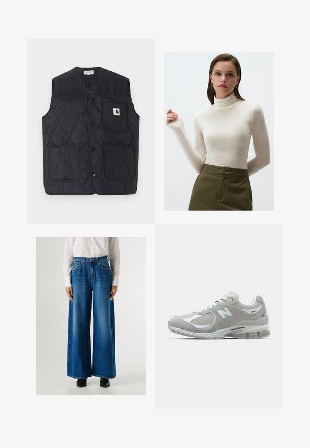 Gilet nero trapuntato realizzato in un tessuto resistente, dotato di chiusura a bottoni, tre tasche e una piccola etichetta con logo sul lato sinistro.; Maglietta a maniche lunghe color crema con colletto a dolcevita realizzata in tessuto leggero; design aderente con un leggero lucido e maniche lunghe; abbinata a pantaloni verde oliva.; Jeans a gamba larga blu con vita alta, realizzati in denim, dotati di tasche anteriori e chiusura con bottone. Texture liscia con un lavaggio classico.; Sneaker New Balance 2002R grigio chiaro presenta una tomaia in suede e mesh, dettagli bianchi, suola ammortizzata e tecnologia di ammortizzazione visibile.