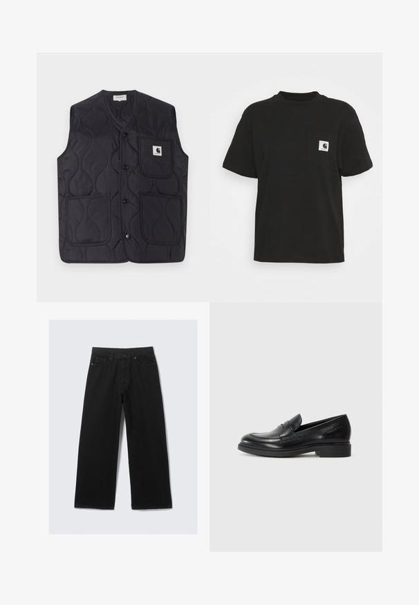 Gestepptes schwarzes Weste aus robustem Material, mit einer Knopfschließe, drei Taschen und einem kleinen Logopatch auf der linken Seite.; Schwarzes Baumwoll-T-Shirt mit kurzen Ärmeln, Rundhalsausschnitt und einer Fronttasche, die ein quadratisches Logo in Weiß und Schwarz zeigt.; Schwarze weit geschnittene Jeanshose aus Denim, ausgestattet mit einem klassischen Fünf-Taschen-Design und einem strukturierten Taillenbund mit Gürtelschlaufen.; Schwarze Lederl loafers mit runder Zehenform, genähten Details und einem niedrigen Blockabsatz. Glatte Textur ohne sichtbare Muster oder Akzente.