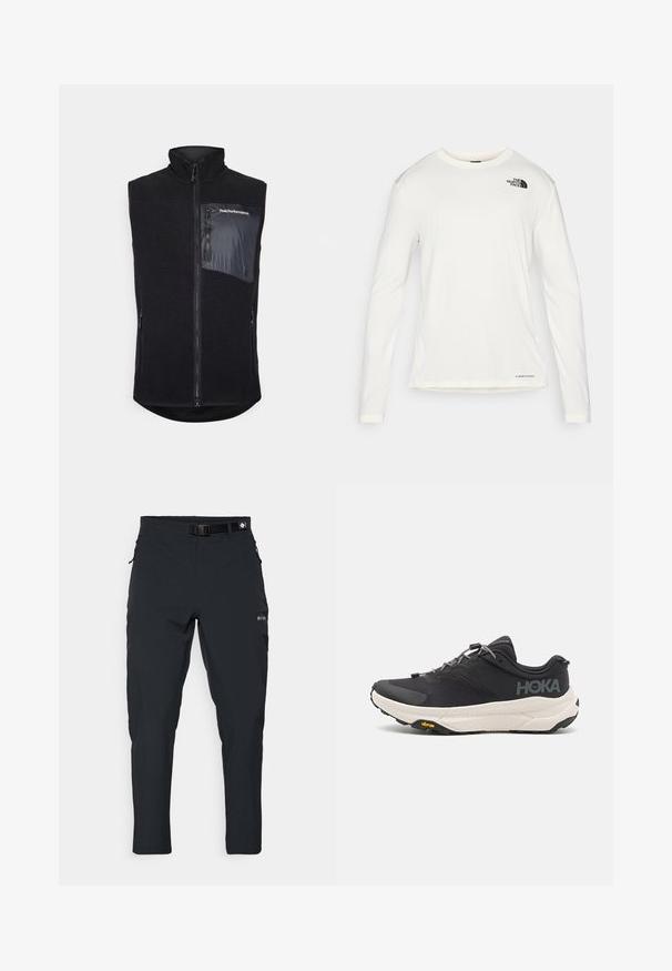 Schwarze Weste mit hohem Kragen, aus strukturiertem Fleece gefertigt. Verfügt über einen Reißverschluss an der Vorderseite und eine Seitentasche aus glattem Material mit Logo-Detail.; Weißes Langarmhemd mit Rundhalsausschnitt, strukturierter Stoff, schwarzes Logo auf der linken Schulter und dezente Markenkennzeichnung am unteren Rand.; Columbia ESSENTIAL HIKE™ PANT - Outdoor-Hose - black; Schwarzer Sportschuh mit strukturiertem Obermaterial, grauen Akzenten, reflektierenden Details und einer dicken weißen Sohle mit Vibram-Logo.