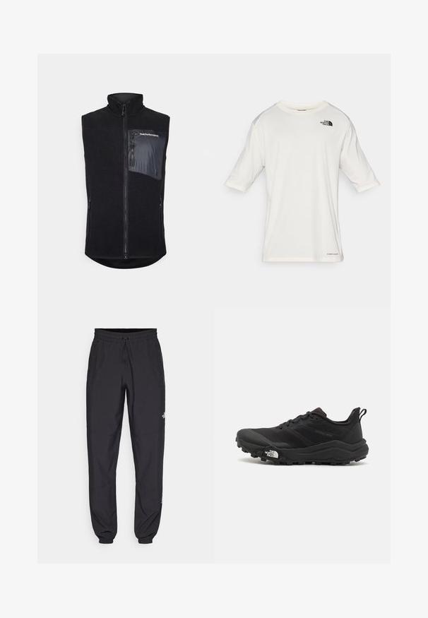 Crni prsluk s visokim ovratnikom, izrađen od teksturirane Fleece tkanine. Ima zatvarač sprijeda i bočnu džep s glatkom tkaninom i detaljem s logom.; Bijela kratkotrajna majica s kratkim rukavima i okruglim izrezom, s logotipom The North Face na lijevoj strani prsiju i tekstom "Lightrange" blizu donjeg ruba.; Crne sportske hlače od lagane tkanine, s pojasom na vezanje, bočnim džepovima i suženim manžetama na gležnjevima.; Crne trail trkačke cipele s teksturiranim gornjim dijelom, gumeni potplat i ojačana zaštita za prste. Imaju podstavljen ovratnik i trakicu za lakše obuvanje.
