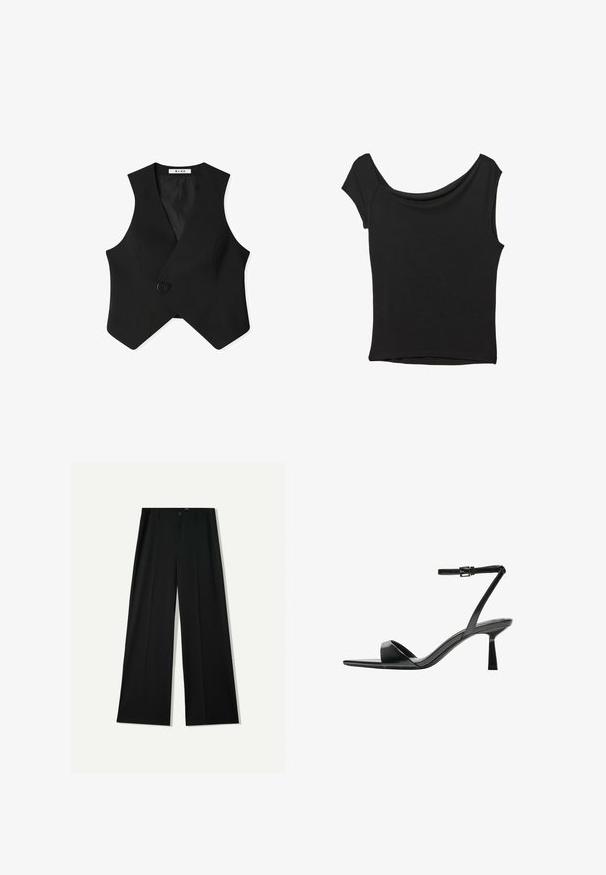 Schwarze ärmellose Weste mit Wickeldesign, einem lila Knopfverschluss und einem strukturierten Stoff mit glatter Innenfütterung.; Schwarzes Kurzarmoberteil aus glattem Stoff; hat einen drapierten Ausschnitt und einen asymmetrischen Saum, mit einem figurbetonten Körper.; Bershka WIDE - Stoffhose - black; Bershka High Heel Sandalette - black