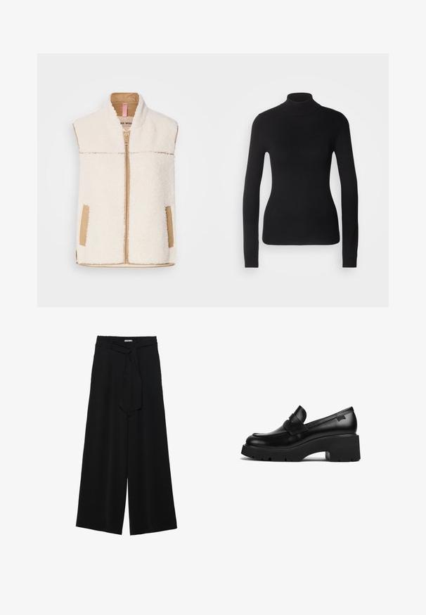Faux fur cream vest with a beige zip front, collar, and side pockets, featuring a smooth fabric trim for contrast and texture.; Black turtleneck sweater made of lightweight knit fabric. Features long sleeves, a fitted design, and a soft ribbed texture.; Black wide-leg pants featuring a textured fabric, an elastic waistband, and a detachable sash tie at the waist for adjustable fit.; Black leather chunky-heeled loafer with thick sole and a strap detail across the top, shown from the side on a white background.