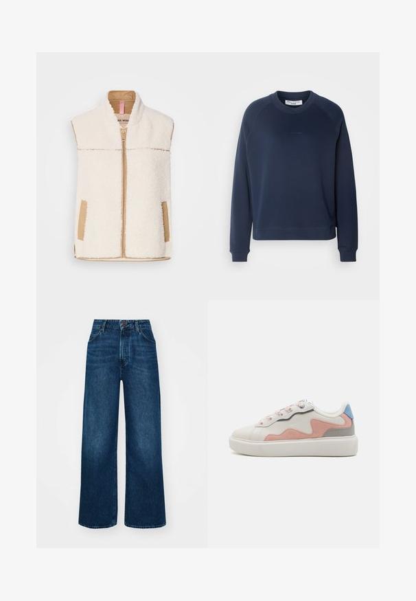 Faux fur crèmekleurige vest met een beige rits aan de voorkant, kraag en zijzakken, met een gladde stofafwerking voor contrast en textuur.; Marineblauwe sweatshirt met lange raglanmouwen, ronde hals en geribbelde manchetten. Gelaagd stof en subtiele logo op de voorkant.; Langarm witte T-shirt van zacht, lichtgewicht materiaal; heeft een ronde hals en een licht aansluitende pasvorm; label zichtbaar aan de zijkant.; Hoge taille, wijde jeans in donkerblauwe denim met een gladde textuur, contraststiksels en een vijf-pocket ontwerp. Sluiting met een knoop aan de voorkant.; Lage sneakers met een witte synthetische bovenkant, roze en grijze suède accenten, een gestructureerde witte rubberen zool en kleurrijke veters.