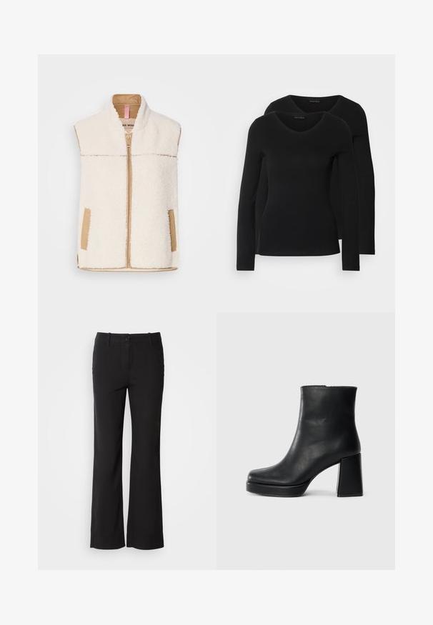 Kreminės spalvos dirbtinio kailio liemenė su šviesiai rudos spalvos užtrauktuku, apykakle ir šoninėmis kišenėmis, turinti sklandų audinio apdailą, suteikiančią kontrastą ir tekstūrą.; Du į juodas ilgomis rankovėmis marškiniai su V formos iškirpte, pagaminti iš minkštos, tamprios medžiagos, rodantys lygią tekstūrą ir prigludusią formą.; Juodi medvilnės mišinio kelnės su tiesiu kirpimu, priekyje su mygtukų užsegimu ir dviem šoninėmis kišenėmis. Lygi tekstūra, be matomų raštų.; Juodas odinis kulkšninis botas su bloku ir platformos padu, matomas šoniniu vaizdu ant balto fono.