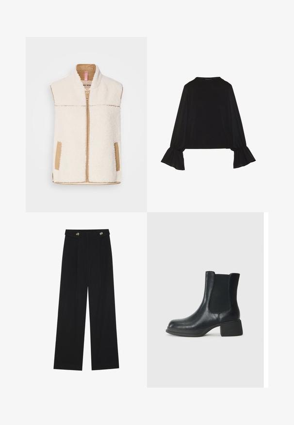 Faux pels kremvest med beige glidelås foran, krage og sidelommer, med glatte stoffdetaljer for kontrast og tekstur.; Svart langermet topp med utsvingte mansjetter, myk tekstur og avslappet passform, med enkel rund hals.; Svart vide bukser med høy midje, knappdetaljer på midjebåndet og frontplisser.; Sorte skinn ankle boots med elastiske sidepaneler, rund tå og en lav blokk hæl. Overflaten har en jevn tekstur og minimal detaljering.