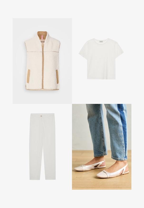 Kreppādas krēma krāsas veste ar beigetoni rāvējslēdzēju, apkakli un sānu kabatām, kurai ir gluda auduma apdare kontrastam un faktūrai.; Balts īsām piedurknēm T-krekls, kas izgatavots no mīksta kokvilnas. Tam ir apaļš izgriezums un brīvs piegriezums. Tīrs dizains bez redzamām rakstiem vai akcentiem.; Baltas, pielāgots bikses ar taisnu kāju dizainu, ar pogu aizdari, jostu cilpām un sānu kabatām; gluda auduma tekstūra.; Bālti rozā siksniņu dzīvokļi ar smailu purngalu, izgatavoti no gludas ādas līdzīgās materiāla. Iezīmē izgriezumu detaļas sānos un platu papēdi.