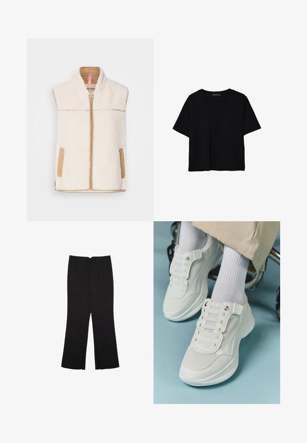 Faux-Fur-Cremeweste mit beigem Reißverschluss, Kragen und seitlichen Taschen, die mit einem glatten Stoffbesatz für Kontrast und Textur versehen ist.; Schwarzes T-Shirt mit kurzen Ärmeln aus Baumwolle. Verfügt über einen runden Ausschnitt und einen lockeren Schnitt mit einer glatten, einfarbigen Textur. Keine sichtbaren Muster oder Akzente.; Schwarze Hose mit geradem Schnitt, ausgestattet mit Fronttaschen und Seitenschlitzen am Saum. Hergestellt aus weichem, glattem Stoff. Geeignet für verschiedene Anlässe.; Weiße Sneaker aus Mesh-Material, mit Gummisohle, schnürfreiem Design mit elastischen Bändern und goldfarbenen Akzenten.