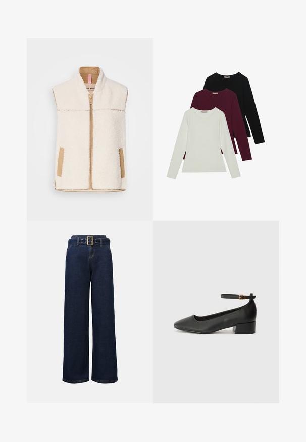 Vest din blană sintetică crem cu fermoar bej în partea din față, guler și buzunare laterale, având un finisaj din țesătură netedă pentru contrast și textură.; Tricouri cu mânecă lungă în alb, burgundy și negru. Realizate dintr-un material moale, cu un guler rotund și un design ajustat. Potrivite pentru straturi.; Pantaloni din denim de culoare albastru închis, cu picioare largi, buzunare cusute și o curea asortată, cu o cataramă aurie mare, rectangulară.; Pantof cu toc negru din piele, cu vârf ascuțit și toc mic pătrat. Dispune de o curea la gleznă cu o cataramă în tonuri de aur. Textură netedă.