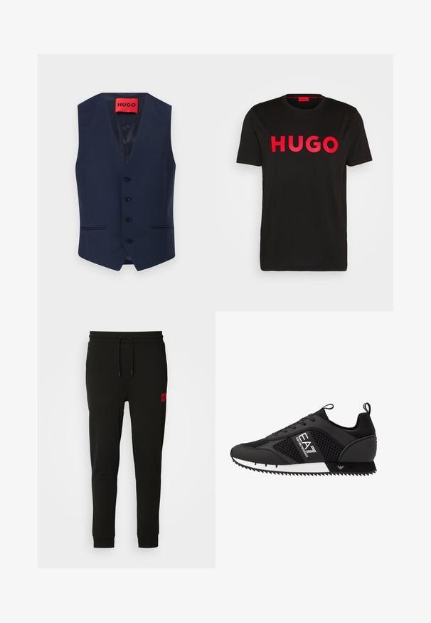 Jūrų laivyno pritaikytas liemenė su V formos iškirpte, penkiomis sagomis ir šoninėmis kišenėmis. Lygus audinys su lengvu satino pamušalu ir ryškiu raudonu etiketu.; Juoda medvilninė marškinėliai su ryškiu raudonu „HUGO“ užrašu priekyje, trumpomis rankovėmis, suapvalintu kaklu ir laisvu siluetu.; Juodos sportinės kelnės, pagamintos iš minkštos medžiagos, su raišteliu juosmens srityje, siaura fasonu ir raudonu logotipo ženkleliu kairėje šlaunyje.; EA7 Emporio Armani LACES UNISEX - Sportbačiai - black/white