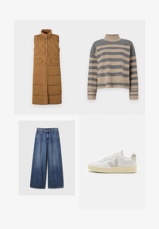 Dugi, bez rukava smeđi puffer prsluk s dijamantnim šavovima, visokim ovratnikom, prednjim kopčanjem na dugmad i dva prednja džepa.; Prugasti pleteni džemper u sivoj i bež boji, s visokim ovratnikom, širokim rukavima s manžetama i opuštenim krojem koji je skraćen.; Široke plave traperice s izblijedjelim finišom, s kopčanjem na gumb i patentni zatvarač, pet džepova i petljama za remen.; Bijele kožne tenisice s bež nubuk naglascima, perforiranim prednjim dijelom, ravnim čipkama i teksturiranom kremastom potplatom. Sadrži suptilni brend na pete.
