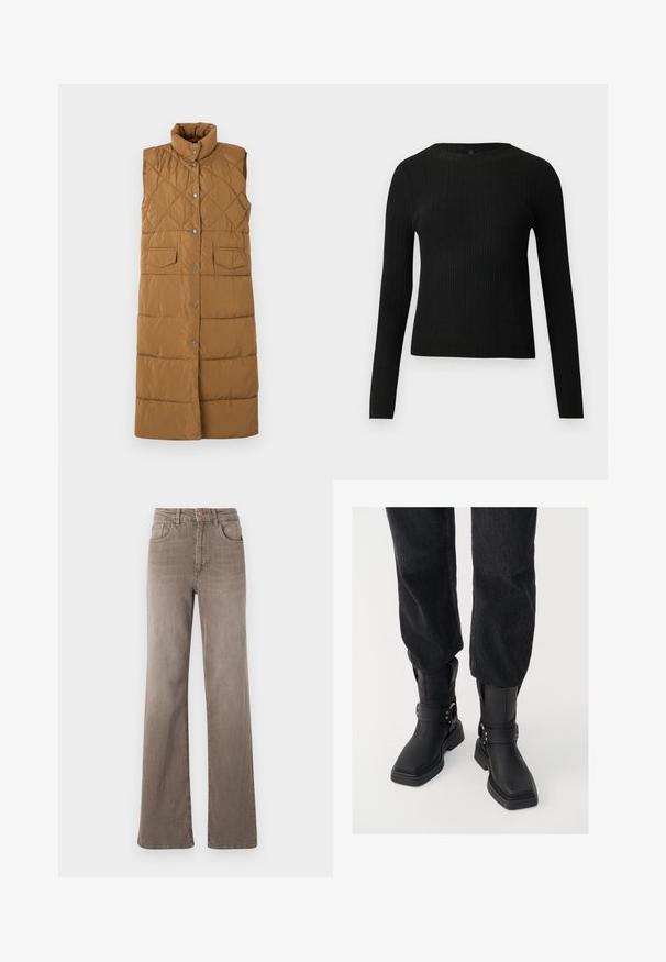 Garais, bez piedurknēm brūns pūšļa bezmaku vestes ar dimanta izšuvumu, augstu apkakli, priekša ar pogu aizdari un divām priekšējām kabatām. ; Melna, ribota, garām piedurknēm pieguļoša džemperis ar apaļu kakla izgriezumu, izlikta pret vienkāršu gaišu fonu.; Brūnas augsta vidukļa taisnas kājas džinsi ar priekšējo pogu, jostu cilpiņām un klasisko piecu kabatu dizainu uz baltas fona.; Melnas ādas potīšu zābaki ar kvadrātveida purngalu, ar plašu jostu un metāla sprādzi. Zābakiem ir masīva zole un gluda virsma.