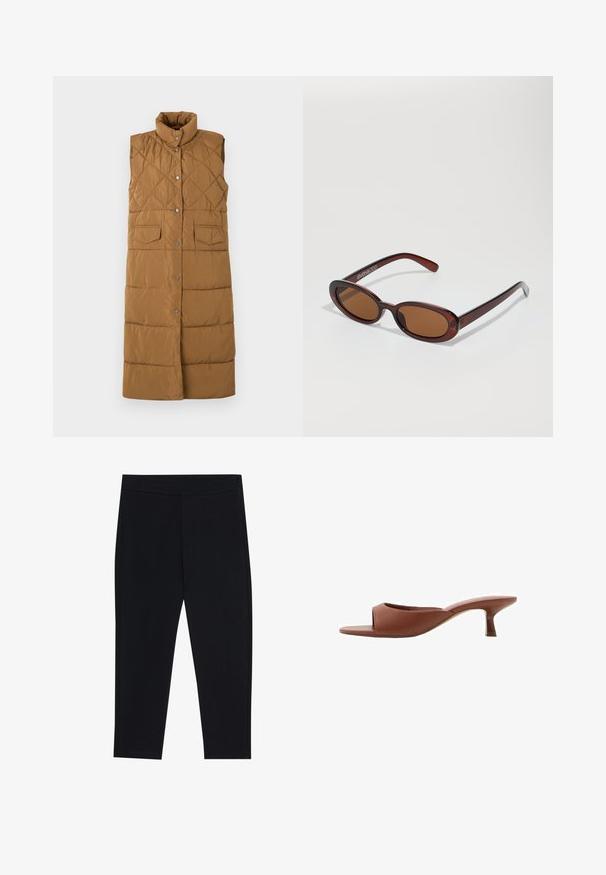 Dlhá, bezrukávová hnedá páperová vesta s diamantovým prešívaním, vysokým golierom, predným zapínaním na patentky a dvoma prednými vreckami.; Čierny rolák vyrobený z mäkkej pleteniny. Má dlhé rukávy a priliehavý strih s rovnou spodnou líniou.; Čierne legíny vyrobené z elastickej tkaniny, s elastickým pásom a hladkým povrchom. Bez viditeľných vzorov alebo kovových detailov.; Hnedé sandále na vysokom opätku s otvorenou špičkou, s hladkým, matným povrchom, so zakriveným dizajnom a priehľadným, zužujúcim sa opätkom.; Okrúhle slnečné okuliare s hnedým nádychom a lesklým burgundským rámom. Úzke ramená s jemným brandovaním. Plochej šošovky dizajn.; Hnedá kožená hobo taška s uvoľneným dizajnom a hladkou textúrou. Nosená neformálne modelkou, s veľkým otvorom a zaobleným tvarom.