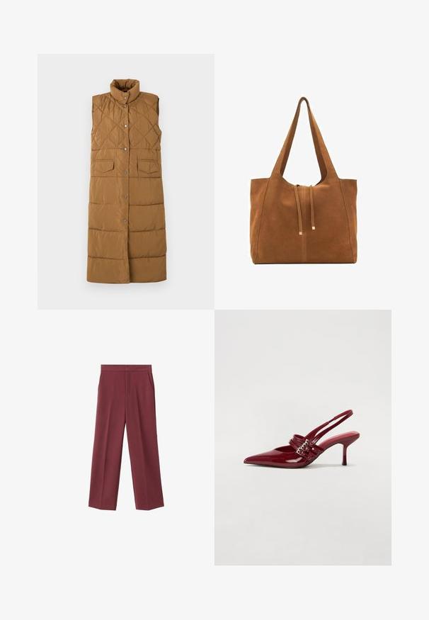Pitkä, hihaton ruskea toppaliivi, jossa on timanttikuviollinen pinta, korkea kaulus, edessä nepparikiinnitys ja kaksi etutaskua.; Burgundipunainen pitkähihaine paita, jossa on terävä kaulus, etupainikekiinnitys ja löysä malli. Valmistettu sileästä kankaasta, jossa on minimaalinen muotoilu.; Bordeaux leveled trousers with a smooth texture, featuring side pockets and a high waist design. Tailored with a clean front crease.; Punaiset patenttalahkeet slingback-korkokengät, joissa on terävä kärki, kaksi solkiverkkoa ja kapea, keskipituinen stiletto-korko. Sileä pinta.; Ruskea nubuk-olkalaukku, jossa on kaksi pitkää hihnaa, naru- ja minimalinen sulkemismekanismi. Tasainen pinta ja ei näkyviä metalliosia.