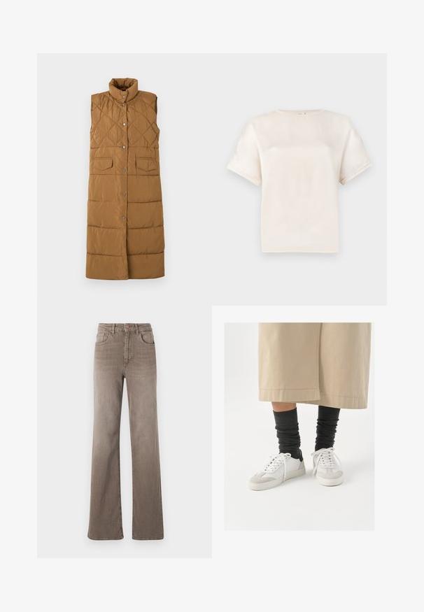 Ilgas, be rankovių, rudas pūkų liemenė su deimanto formos siuvinėjimu, aukšta apykakle, priekyje su užsegimu ir dviem priekiniais kišenėmis.; Trumpas rankovėmis apvaliu kaklu marškinėliai kreminės spalvos, pagaminti iš lygaus audinio, su laisvu siluetu ir minimaliais siuvimo akcentais ant rankovių.; Rudos aukšto liemens tiesios kojos džinsai su priekyje esančiu mygtuku, dirželio kilpomis ir klasikiniu penkių kišenių dizainu baltoje fone.; Balti ir pilki sportbačiai su juodu kulno akcentu, kurių viršus pagamintas iš lygaus odos, o pirštai padengti tekstūruotu zomšiniu paviršiumi. Dėvimi su tamsiai pilkomis, laisvai krentančiomis kojinėmis.