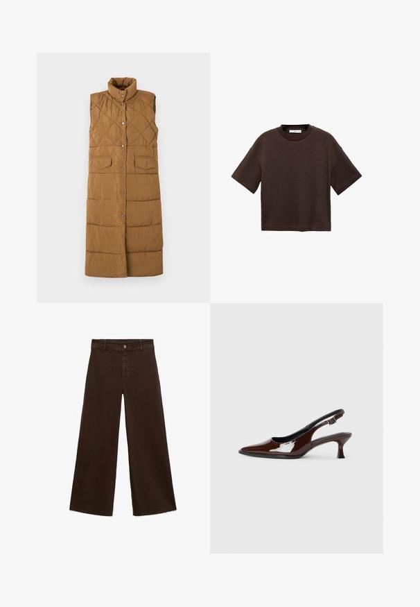 Long, sleeveless brown puffer vest with diamond quilted pattern, high collar, front snap closure, and two front patch pockets.; Brown short-sleeve t-shirt made of soft cotton. Features a round neckline and a boxy fit, with a smooth texture and no visible patterns.; Brown wide-leg trousers in cotton blend, featuring a frayed hem, front button closure, and classic five-pocket design. Minimalistic and versatile.; Brown patent leather slingback shoe with a pointed toe and a moderate heel. Features a buckle strap for secure fit. Smooth texture.