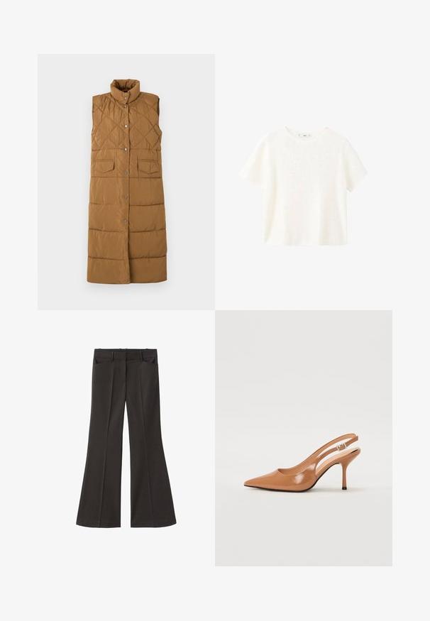 Pitkä, hihaton ruskea toppaliivi, jossa on timanttikuviollinen pinta, korkea kaulus, edessä nepparikiinnitys ja kaksi etutaskua.; Valkoinen lyhythihainen ribbipaita, jossa on pyöreä pääntie. Pehmeä materiaali ja rento istuvuus, yksinkertainen muotoilu ilman lisäkuvioita.; Mustat vyötäröltä korkealla loistavat housut; niissä on kaksi etutaskua ja sileä kangaspinta. Sopii eri tilaisuuksiin.; Korkokenkä, jossa on terävä kärki ja avonainen kanna, valmistettu sileästä, kiiltävästä ruskeasta materiaalista. Sisältää kaarevan leikkuun muotoilun ja hoikan stilettokannan. Hopeinen solkiyksityiskohta.