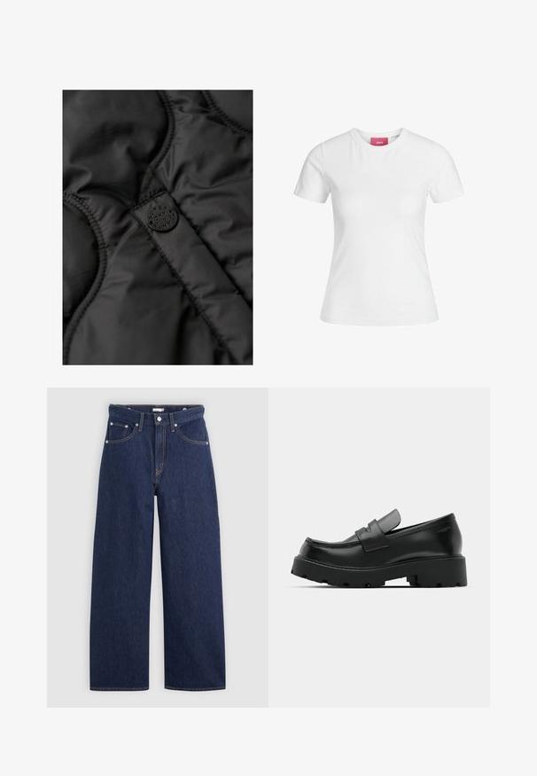 Schwarze gepolsterte Weste mit glatter Oberfläche, gestepptem Design und einem runden schwarzen Logoanhänger mit geprägtem Schriftzug.; Weißes Baumwoll-T-Shirt mit kurzen Ärmeln und einem runden Ausschnitt. Verfügt über ein pinkes Etikett am inneren Hals. Glatte Textur.; Dunkelblaue Denim-Hose im weiten Schnitt mit hoher Taille, ausgestattet mit fünf Taschen, Gürtelschlaufen und Kupfernähten. Glatte Textur.; Schwarze Leder-Loafers mit einer chunky strukturierten Sohle, ausgestattet mit einem Riemen über dem Spann und einer glatten, polierten Oberfläche.