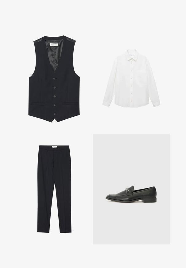 Črn jopič z V-izrezom, šestimi sprednjimi gumbi, dvema stranskima žepoma in gladkim notranjim podstavkom. Material ima teksturirano površino.; Mango ANTARES - Srajca - white; Črne krojene hlače s ravnim sprednjim delom, redne kakovosti, izdelane iz gladkega materiala, z gubanjem in stranskimi žepi.; Črni usnjeni loafer z gladko površino, ki ima šivano zasnovo in dekorativni kovinski verižni naglas preko vampirja. Ravno peto.