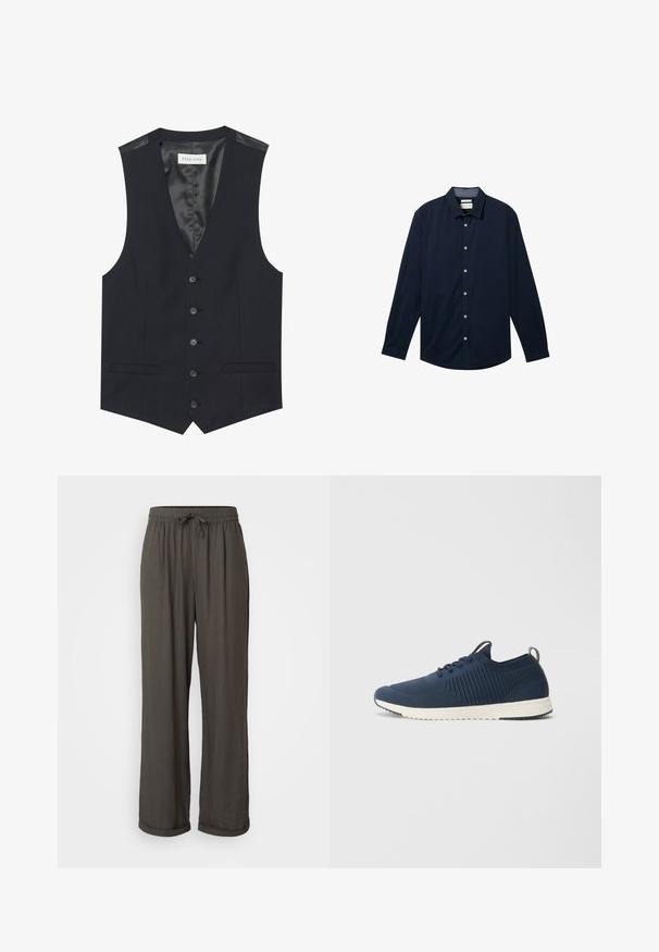 Juodas liemenė su V formos iškirpte, šešiais priekiniais mygtukais, dviem šoninėmis kišenėmis ir lygiu vidiniu pamušalu. Medžiaga turi tekstūruotą paviršių.; Tamsiai mėlynas ilgomis rankovėmis marškinis, pagamintas iš lygaus audinio, su mygtukų užsegimu priekyje, klasikinio tipo apykakle ir baltais mygtukais.; Tamsiai pilkos plačios kelnės su virvute liemenyje, pagamintos iš minkštos, tekstūrinės medžiagos, su apsuktomis kraštinėmis ties kulkšnimis.; Tamsiai mėlynos spalvos audinio sportiniai bateliai su tekstūruotomis detalėmis, apvaliu nosimi ir baltu guminiu padu. Su raištelių uždarymu ir kilpa ant kulno.