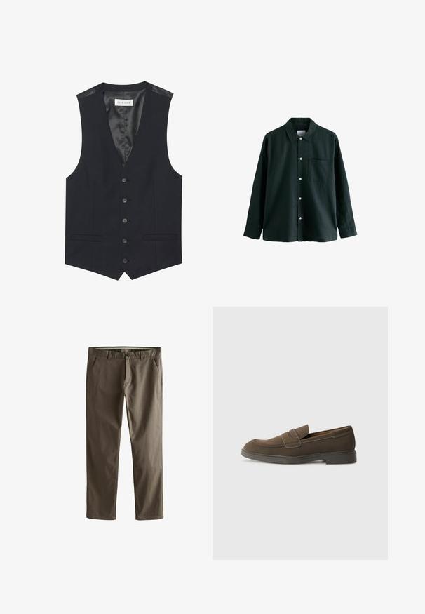 Schwarze Weste mit V-Ausschnitt, sechs vorderen Knöpfen, zwei seitlichen Taschen und einem glatten Innenfutter. Das Material hat eine strukturierte Oberfläche.; Dunkelgrünes Hemd mit Knöpfen, einem Kragen, langen Ärmeln und einer einzelnen Brusttasche; verfügt über weiße Knöpfe und eine weiche Textur.; Braune Baumwoll-Chinos mit geradem Beinschnitt, frontalen Taschen und Knopfverschluss. Merkmale sind eine glatte Textur und klare Linien.; Braunes Wildleder-Loafer mit runder Kappe, einem Riemen über dem Spann und einer flachen Gummisohle. Einfaches Design mit klaren Linien und minimalen Details.