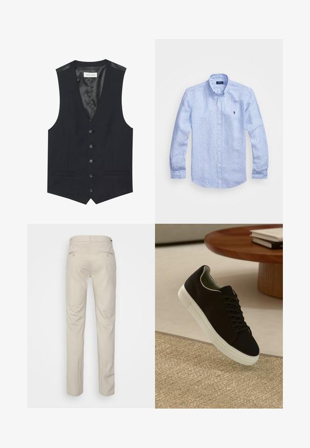 Chaleco negro con escote en V, seis botones en la parte delantera, dos bolsillos laterales y un forro interior suave. El material tiene un acabado texturizado.; Camisa de manga larga a rayas azul y blanca hecha de algodón, con cuello de botón, botones en el frente y un pequeño logo bordado en el pecho.; Pantalones beiges con una textura suave, corte recto, dos bolsillos traseros con botones y una cinturilla estándar.; Zapatilla negra con suela blanca flotando sobre una alfombra texturizada beige cerca de una mesa redonda de madera con libros apilados.