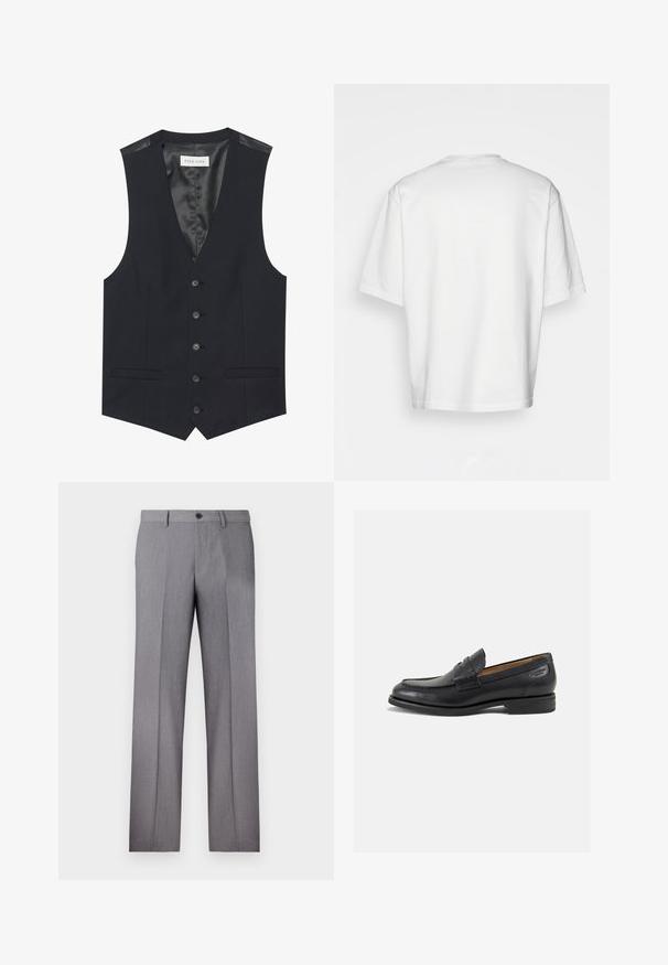 Sort vest med V-hals, seks frontknapper, to sidelommer og en glat inderfoer. Materialet har en tekstureret finish.; Hvid t-shirt med korte ærmer og rund halsudskæring, lavet af bomuld. Enkel design uden mønstre eller detaljer, set bagfra.; Grå skræddersyede bukser med flad front, to sidelommer og en enkelt knaplukning. Glat tekstur med et subtilt stribemønstret design.; Sorte læder loafers med en glat finish, rund tå og dekorativ syning på vampen. Lav stablet hæl og let glans.