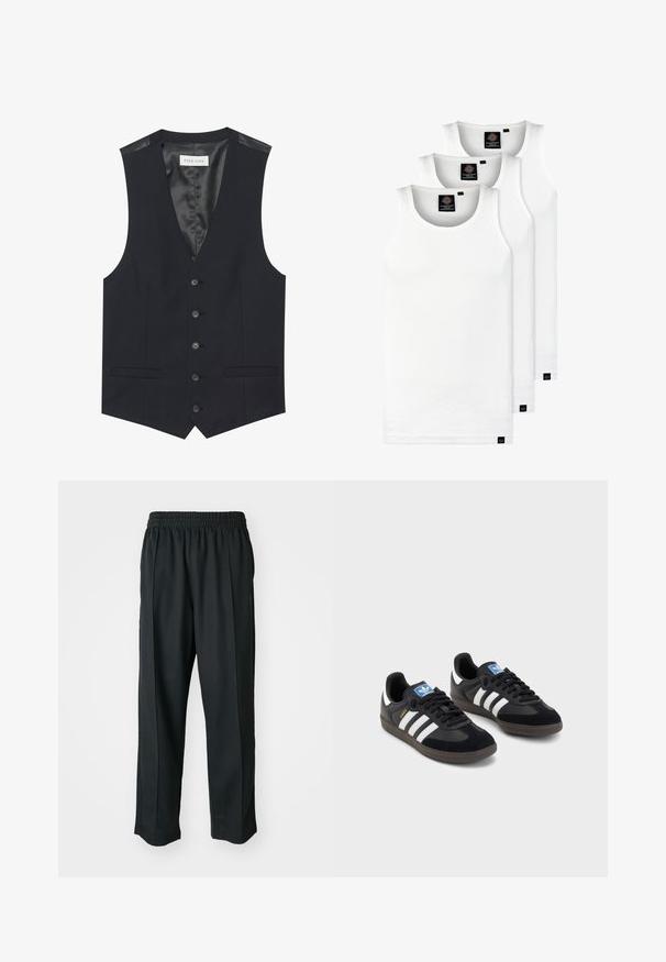 Gilet nero con scollo a V, sei bottoni frontali, due tasche laterali e un rivestimento interno liscio. Il materiale ha una finitura strutturata.; Tre canotte bianche a coste in cotone. Presentano un colletto rotondo e piccole etichette nere vicino all'orlo. Disponibile in diverse taglie.; Pantaloni sportivi neri con vita elastica, realizzati in tessuto liscio, con cuciture laterali sottili e un fit rilassato, design a gamba dritta.; Sneakers neri con tomaia in suede e materiale sintetico, caratterizzati da tre strisce bianche, suola in gomma testurizzata e etichetta blu sul linguetta.