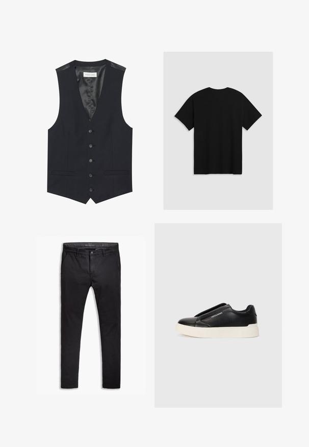 Mustat liivi, jossa on V-pääntie, kuusi etupainiketta, kaksi sivutaskua ja sileä sisävuori. Materiaali on teksturoidulla pinnalla.; Levi's® BOXTAB - Printtipaita - boxtab in black bas; Musta puuvillainen chinos-housut tapered-fit -mallilla, viidellä taskulla, vyölenkeillä ja sileällä pinnalla. Vetoketjukiinnitys nappisuljennalla.; Musta liukusneakeri, jossa on teksturoitu nahkapinta, valkoinen kumipohja ja ei näkyviä nauhoja. Sivulla on brändin logo.