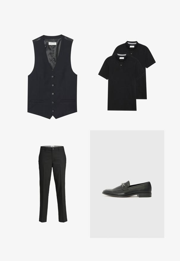 Black vest featuring a V-neck, six front buttons, two side pockets, and a smooth interior lining. Material has a textured finish.; Two black polo shirts, short-sleeved, cotton material, featuring a classic collar, two-button placket, and white striped accents inside the collar.; Black trousers, tailored fit, smooth fabric, mid-rise waist, front button closure, diagonal pockets, and crease detailing down the legs.; Black leather loafer with a smooth finish, featuring a stitched design and a decorative metal chain accent across the vamp. Flat heel.