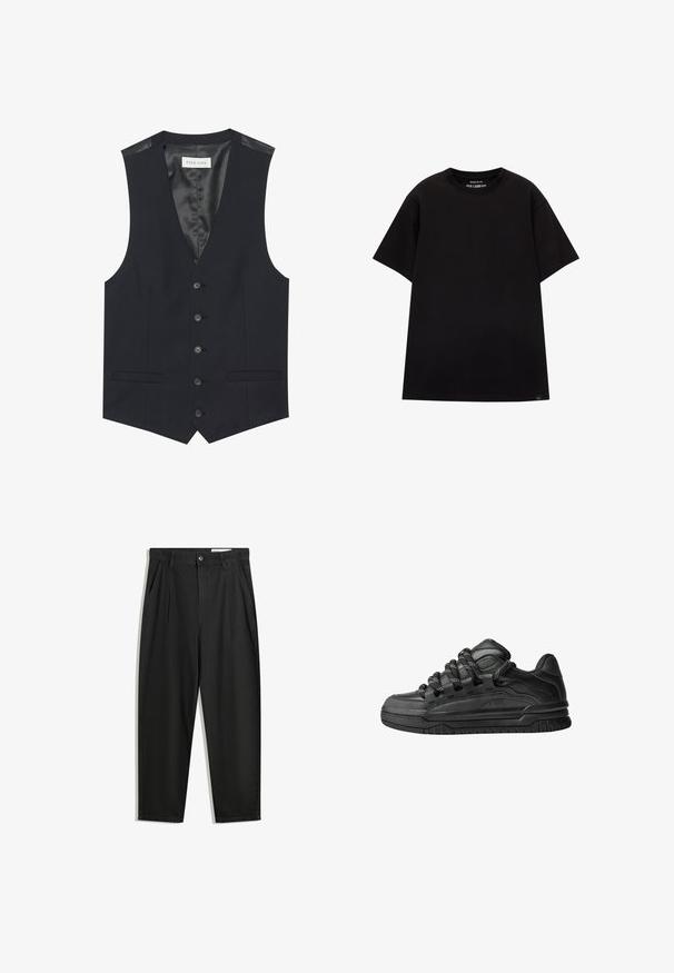 Czarna kamizelka z dekoltem w serek, sześcioma guzikami z przodu, dwoma kieszeniami bocznymi oraz gładkim podszyciem. Materiał ma teksturowane wykończenie.; PULL&BEAR - T-shirt basic; Czarne bawełniane spodnie o luźnym kroju, z klasycznym pasem, przednimi plisy oraz bocznymi kieszeniami. Gładka struktura, bez wzorów.; Czarne sneakersy z gładką skórzaną cholewką, teksturowanymi akcentami i okrągłymi czarno-białymi sznurowadłami. Gruba gumowa podeszwa z wzorzystym bieżnikiem.