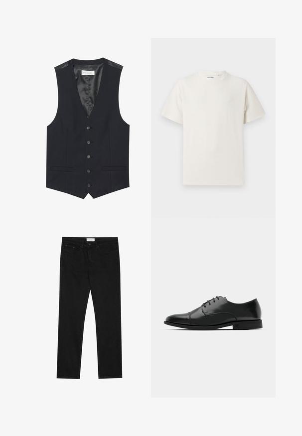 Fekete mellény V-kivágással, hat elülső gombbal, két oldalsó zsebbel és sima belső béléssel. Az anyag textúrált felületű.; Fehér, rövid ujjú póló bordázott textúrával. Kerek nyakkivágás, laza szabás, nincs látható minta vagy díszítés. Egyszerű és sokoldalú dizájn.; Fekete egyenes szárú farmernadrág, öt zsebes dizájnnal, gombos és cipzáras záródással, valamint Pier One márka címkével a derékrészen.; Fekete bőr férfi dresszcipő, lekerekített orral, fűzős kialakítással, diszkrét varrási részletekkel és alacsony sarokkal. Simább felület, fényes kivitel.