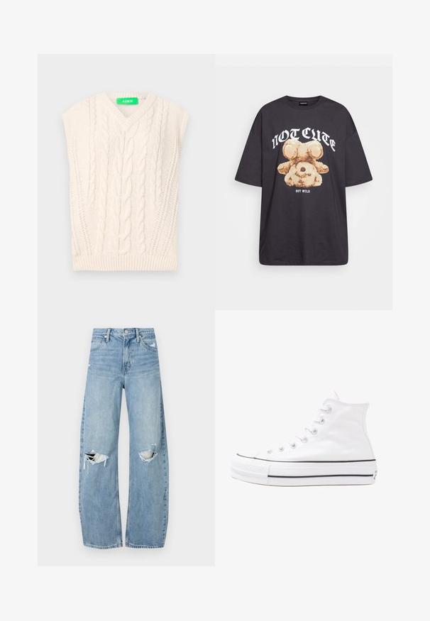 Κρέμα-χρώματος πλεκτό γιλέκο με V-λαιμόκοψη, που διαθέτει σχέδια καλωδίου, κοντά μανίκια και ριμπ τελείωμα. Μαλακή υφή και χοντρή σχεδίαση.; Μαύρη oversized μπλούζα με γραφικό ενός αρκούδου και το κείμενο "ΟΧΙ ΓΛΥΚΊΣΤΙΚΗ ΑΛΛΆ ΑΓΡΙΑ" σε έντονη λευκή γραφή. Υφασμά από βαμβάκι.; Ανοιχτόμπλε, ψηλόμεσα τζιν φτιαγμένα από τζιν ύφασμα. Διαθέτουν φαρδιές καμπάνες, δύο σκισμένα γόνατα και κλασικό στιλ πέντε τσεπών.; Λευκό ψηλό καμβαδάκι αθλητικό παπούτσι με μαύρη καουτσούκ σόλα, πρόσθιο καουτσούκ καλύμματος δακτύλου και έξι οπές για κορδόνια, με μια καθαρή και μίνιμαλ σχεδίαση.