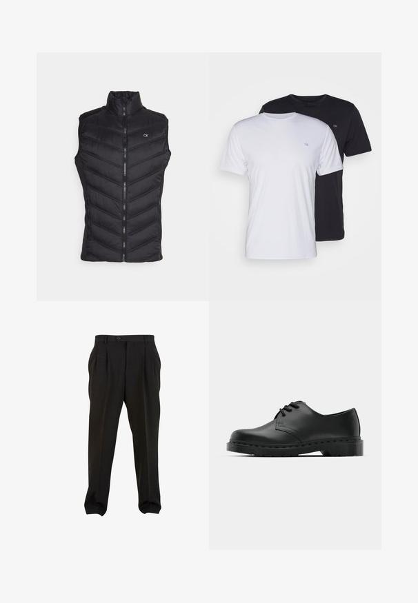Svart pufferväst med hög krage, dragkedjestängning och chevron-quiltat mönster. Litet 'CK'-logotyp på vänster övre sida.; Två bomullströjor i vitt och svart, kortärmad med rund hals, med en liten logotyp på bröstet, slät textur.; Svarta byxor i en slät tygkvalitet, med framfickor, en knapp i midjan och avsmalnande ankleder. Klassisk skräddarsydd silhuett.; Svart lädersko i oxford-stil med snörningsdesign, rund tå, platt gummisula och subtila sömdetaljer längs ovandelen.