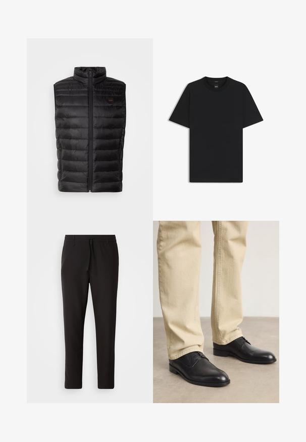 Schwarze isolierte Weste mit hohem Kragen, Reißverschluss und horizontalem Steppmuster. Verfügt über Seitentaschen und ein kleines Logo-Tag.; Schwarz T-Shirt mit kurzen Ärmeln aus einem glatten Baumwollmix, mit Rundhalsausschnitt und einem minimalistischen Design ohne Muster oder Akzente.; Schwarze Jogginghose aus glattem Stoff. Mit einem elastischen Bund und Kordelzug, schmal zulaufenden Beinen und ohne sichtbare Taschen. Einfaches Design.; Schwarze Leder Schnürschuhe mit runder Zehenform, glatter Oberfläche und dezenten Nähdetails, getragen mit hellbeigen Hosen.