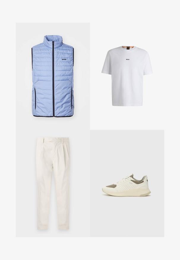 Helehall sinine puhvvest kõrge kaelusega, ees luku tõmbamine, kontrastsete mustade külgedega, peente horisontaalsete õmblustega ja rinnal logo.; Valge puuvillane T-särk lühikeste varrukatega, millel on must "BOSS" logo, mis on keskendatud rinnale, ja ümmargune kaelaava disain.; Valged volditud püksid, mis on kohandatud sobivusega, sujuva tekstuuriga, vööloopidega ja kitsenevate jalgadega. Pole nähtavaid taskuid ega mustreid.; Valge ja heledat beeži värvi spordijalats, millel on õhuke võrkmaterjal, perforatsioonidega detailid ning tekstuuriga vahetald, millel on brändi logo kannaosas.