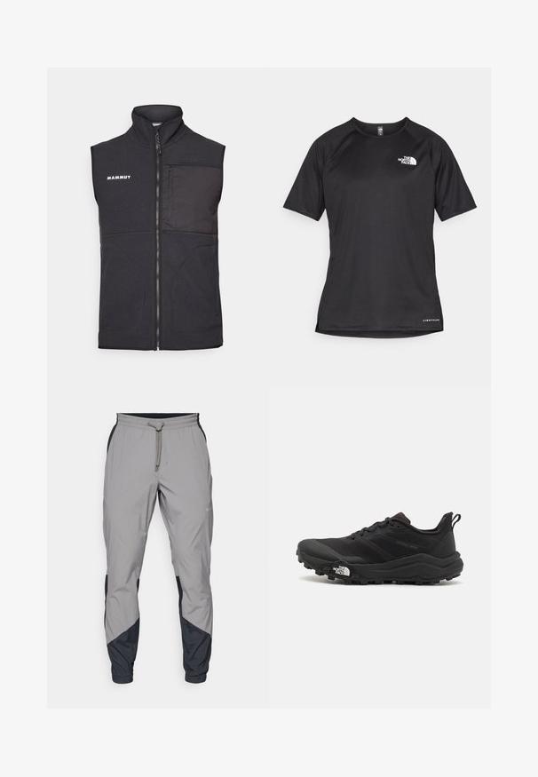 Crna flis prsluk s visokim ovratnikom, prednjim zatvaračem, dva bočna džepa i džepom na prsima; sadrži suptilne detalje od teksturiranog materijala.; Crna kratkotrajna atletska majica s teksturiranom tkaninom, koja ima bijeli logo na lijevom prsnom dijelu i ravni rub.; Lagane, sive atletske hlače s crnim akcentima. Elastični pojas, zatvaranje na vezicu, dizajn suženih nogavica i bočne džepove.; Crne trail trkačke cipele s teksturiranim gornjim dijelom, gumeni potplat i ojačana zaštita za prste. Imaju podstavljen ovratnik i trakicu za lakše obuvanje.