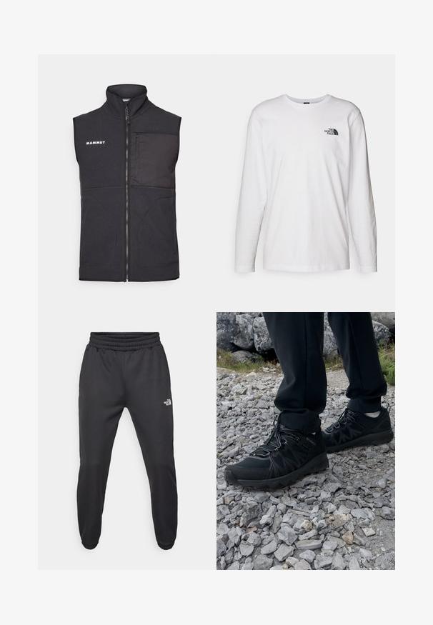 Černá fleecová vesta s vysokým límcem, předním zipem, dvěma bočními kapsami a kapsou na hrudi; obsahuje decentní texturované akcenty.; Bílý dlouhý rukáv tričko vyrobené z bavlny s kulatým výstřihem. Na hrudi se nachází malé černé logo. Hladká textura, běžný střih.; Černé tepláky s nastavitelným pasem, zúženým střihem, elastickými manžetami a malým bílým logem na levém stehně, vyrobené z hladké tkaniny.; Černé venkovní boty z prodyšného a syntetického materiálu, s texturovaným svrškem, bezpečným šněrovacím systémem a robustní podrážkou, na skalnatém terénu.