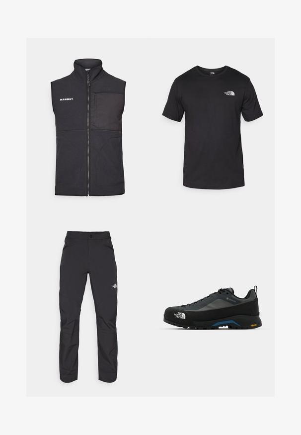Černá fleecová vesta s vysokým límcem, předním zipem, dvěma bočními kapsami a kapsou na hrudi; obsahuje decentní texturované akcenty.; Černé tričko s krátkým rukávem vyrobené z bavlny, s kulatým výstřihem a malým bílým logem na horní levé části hrudi.; Černé venkovní kalhoty s kapsou na zip na přední straně, syntetický materiál, zúžené nohavice a zesílené panely na kolenou. Vybaveny knoflíkovým zapínáním.; The North Face VERTO ALPINE GORE TEX - Trekingové boty - asphalt grey/tnf black