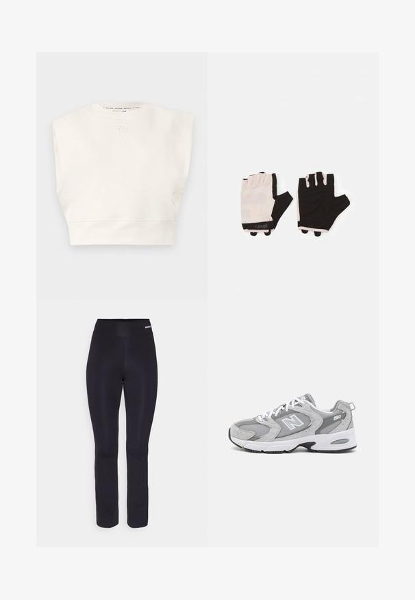 Kremfarget cropped sweatshirt med rund hals og korte ermer. Har et brodert logo på forsiden og en myk tekstur.; Lys rosa croppet t-skjorte laget av myk bomull. Har korte ermer og et svart "NEB" trykk nederst på venstre side. Rund hals.; Svarte treningsbukser med glatt tekstur, bred elastisk midjebånd og tett passform, som taper seg litt mot anklene.; Grå treningssko med overdel i mesh og semsket skinn, hvite lisser og svart yttersåle. Har et fremtredende "N"-logo og polstret krage.; Treningshansker med et lett rosa og svart design, laget av pustende materiale, med justerbart håndleddsbånd og teksturerte gripeelementer.