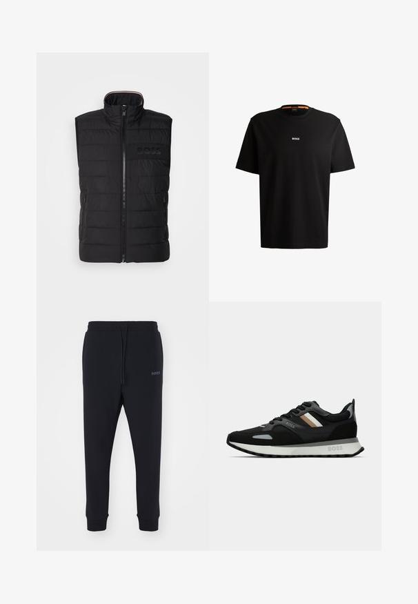 Μαύρη αμάνικη γιλέκο με υφή καπιτονέ, ψηλό γιακά και μπροστινό φερμουάρ. Διαθέτει το διακριτικό τονικό λογότυπο "BOSS" στο στήθος και πλαϊνές τσέπες.; Μαύρη βαμβακερή μπλούζα με στρογγυλή λαιμόκοψη, κοντά μανίκια και λευκό λογότυπο "BOSS" κεντραρισμένο στην περιοχή του στήθους. Ομαλή υφή, άνετη εφαρμογή.; Μαύρες φόρμες από μαλακό υλικό με ελαστική μέση, κορδόνι και κνήμες που στενεύουν. Διαθέτουν ένα μικρό λογότυπο στο πλάι.; Μαύρο αθλητικό παπούτσι με υφασμάτινη επιφάνεια, ανοιχτό γκρι λεπτομέρειες και τρεις οριζόντιες ρίγες σε καφέ χρώμα. Διαθέτει λευκή μαλακή σόλα.