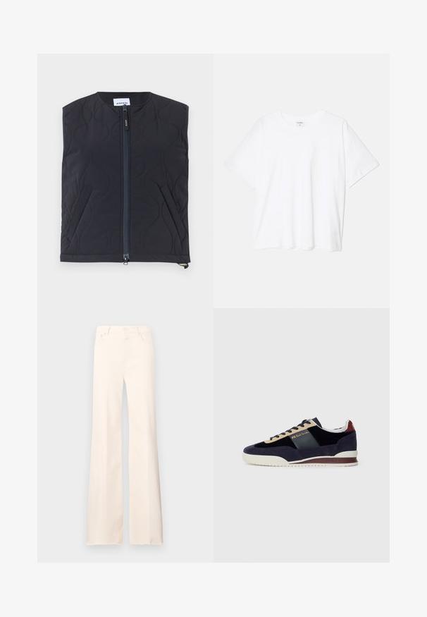 Steppweste in Schwarz mit hohem Kragen, Frontreißverschluss und seitlichen Taschen. Glatte Textur mit geschwungenen Nahtmustern. Mit dem Etikett "ASPESI."; Weißes Baumwoll-T-Shirt mit kurzen Ärmeln, runder Halslinie, lockerer Passform und genähtem Saum. Etikett sichtbar am inneren Kragen.; Helle Weitbein-Jeans aus Baumwollmischung mit Knopf- und Reißverschluss, Vorder- und Gesäßtaschen sowie fransigem Saum.; Marineblaue Wildledersneaker mit beige und dunkelblauen Akzenten. Verfügt über eine weiße Gummisohle und goldene Markierung an der Seite. Klassisches sportliches Design.