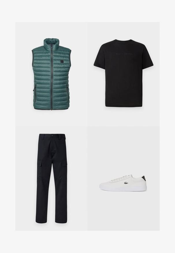 Marc O'Polo Colete - nottingham forest; Lacoste T-shirt básica - black; Calças cargo pretas feitas de tecido resistente, com corte de perna direita, dois bolsos laterais e fecho de botão na cintura.; Sapatilha de couro branco com biqueira arredondada, atacadores na frente e detalhe preto no calcanhar. Apresenta um pequeno logótipo de crocodilo bordado na lateral.
